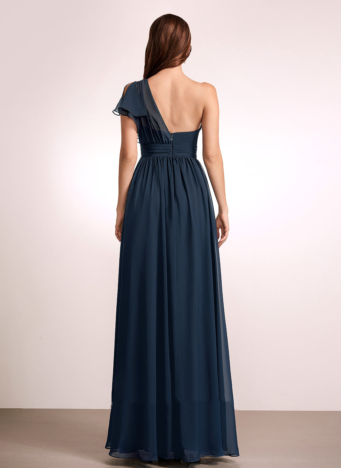 One-Shoulder Floor-Length A-Line Silhouette Neckline Ruffle Fabric Embellishment Length Pearl Sleeveless Straps Bridesmaid Dresses