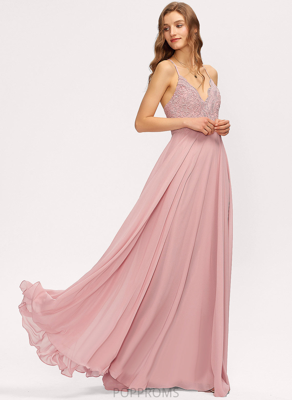 Lace Prom Dresses A-Line Floor-Length Chiffon V-neck Campbell