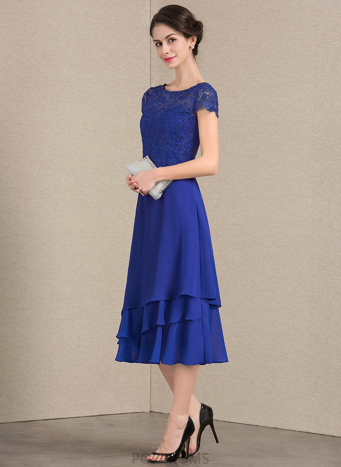 Chiffon Mother Scoop A-Line Angelina Mother of the Bride Dresses Lace Bride the of Dress Neck Tea-Length