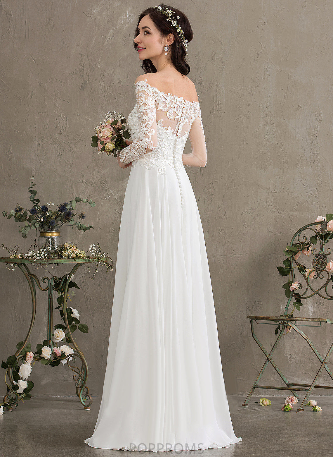 Wedding Lizbeth A-Line Wedding Dresses Off-the-Shoulder Floor-Length Dress Lace Chiffon