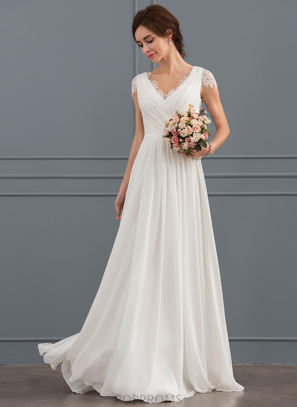 Wedding Dresses Ruffle Renee A-Line Chiffon Dress With V-neck Wedding Floor-Length Lace