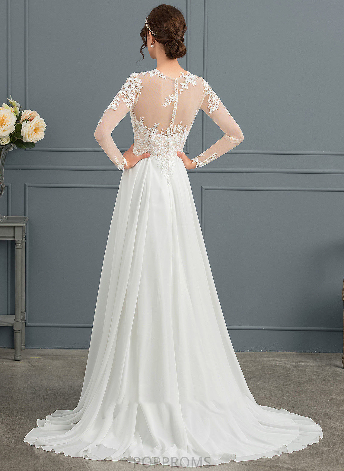 Sweep Split Chiffon Front With Train Wedding A-Line Appliques Wedding Dresses Illusion Dress Elvira Lace