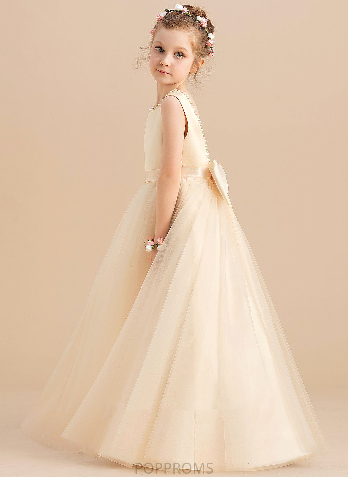 Girl Sleeveless Satin/Tulle Flower Floor-length Neck Ball-Gown/Princess Beading/Bow(s) Flower Girl Dresses Scoop Dress With - Jayden