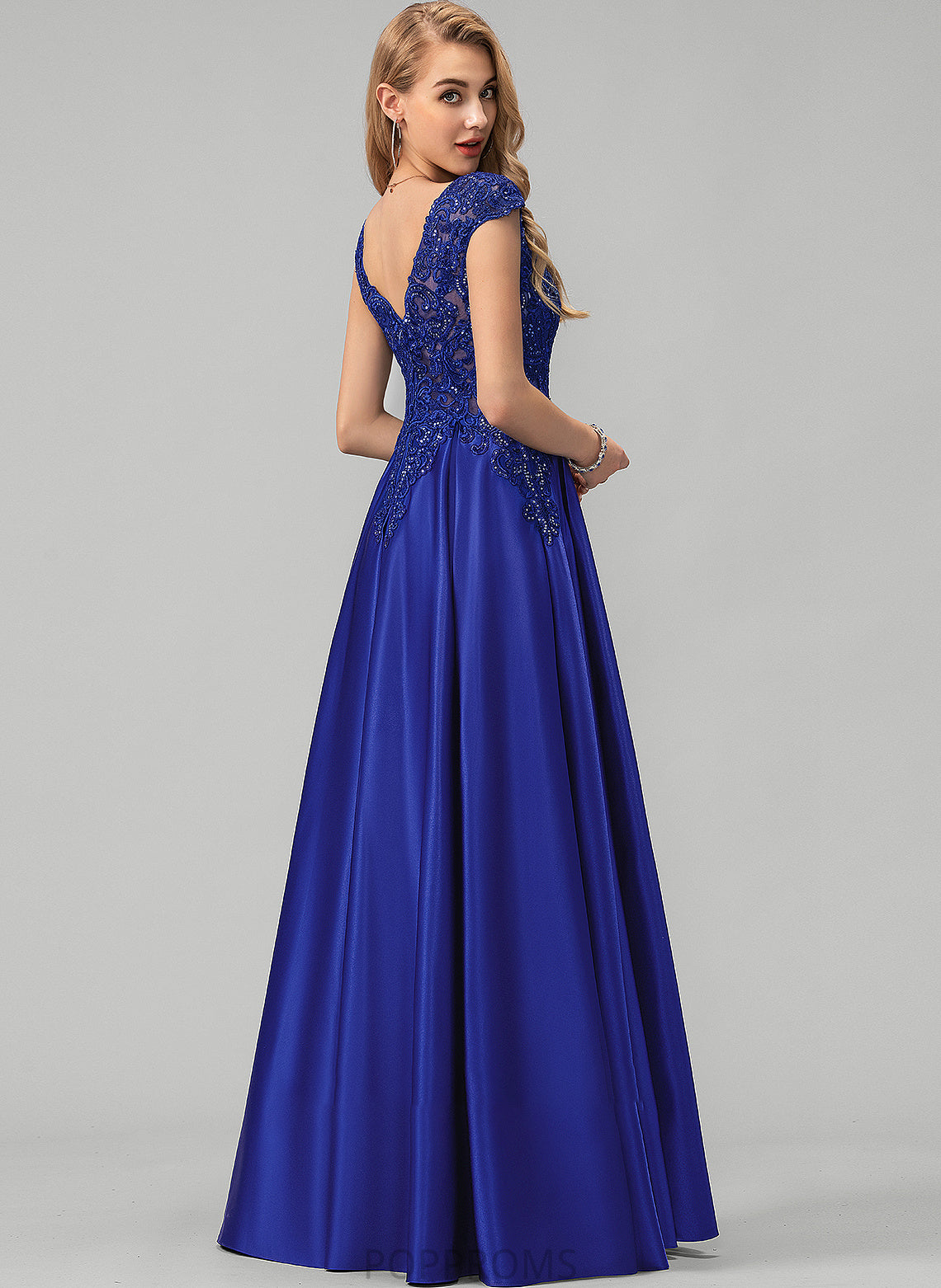 Sequins Emily Prom Dresses Floor-Length Satin Lace V-neck Ball-Gown/Princess With