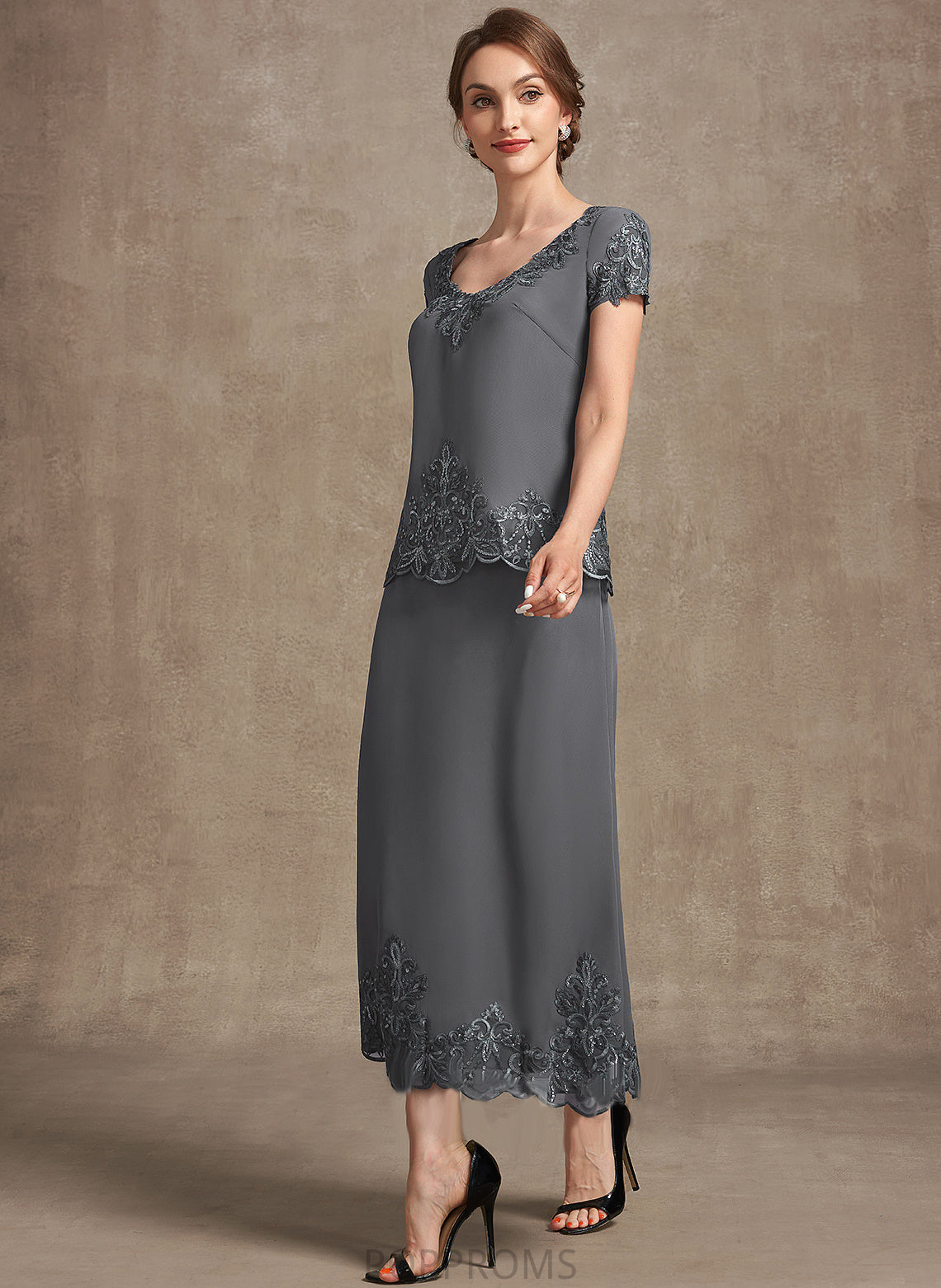 Mother of the Bride Dresses of Sequins Chiffon the A-Line Dress Lace With Scoop Tea-Length Helga Bride Neck Mother