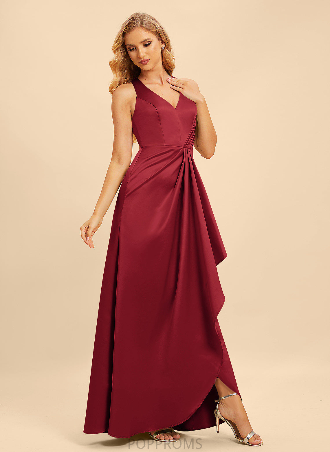 Floor-Length Silhouette Length Neckline Ruffle V-neck Fabric Embellishment SplitFront A-Line Karlee Natural Waist Bridesmaid Dresses