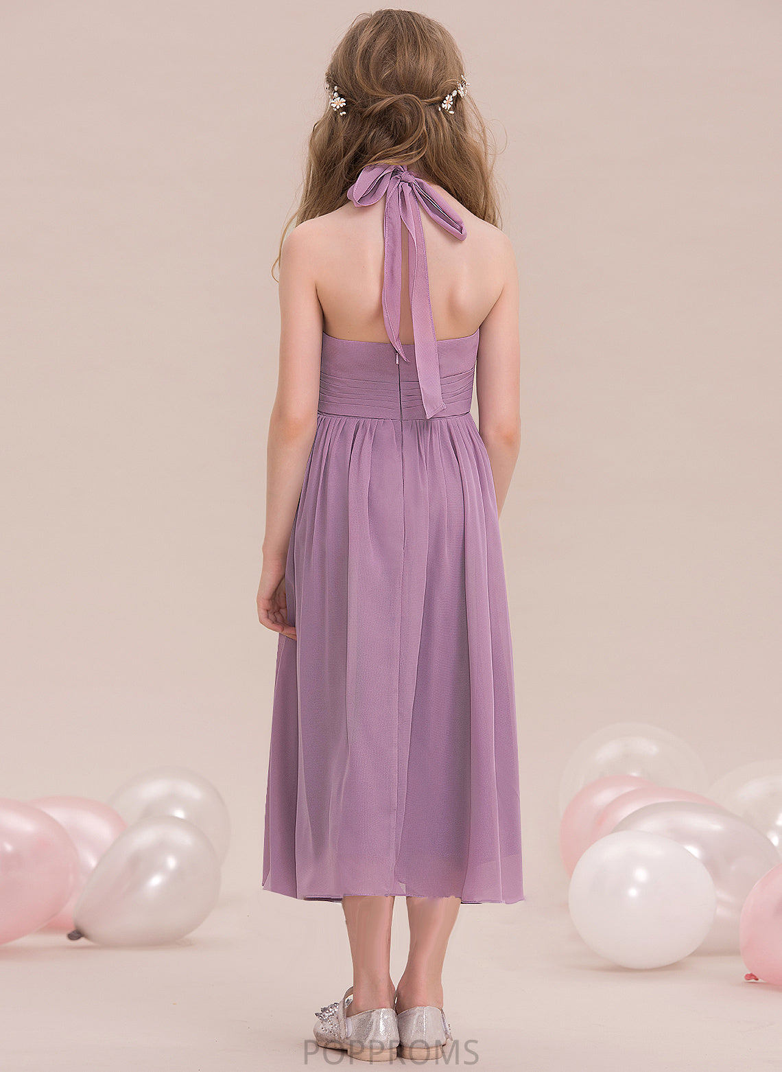 With Tea-Length Clare Ruffle Halter Junior Bridesmaid Dresses Chiffon A-Line