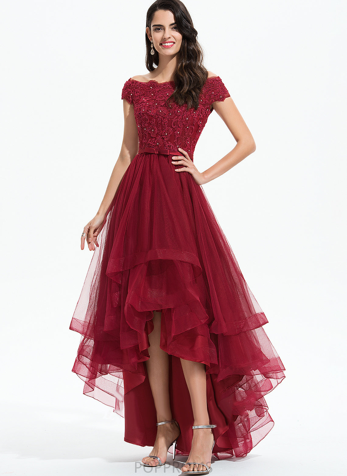 Off-the-Shoulder Asymmetrical A-Line Dress Parker Lace Tulle Cocktail Beading With Lace Cocktail Dresses Bow(s)