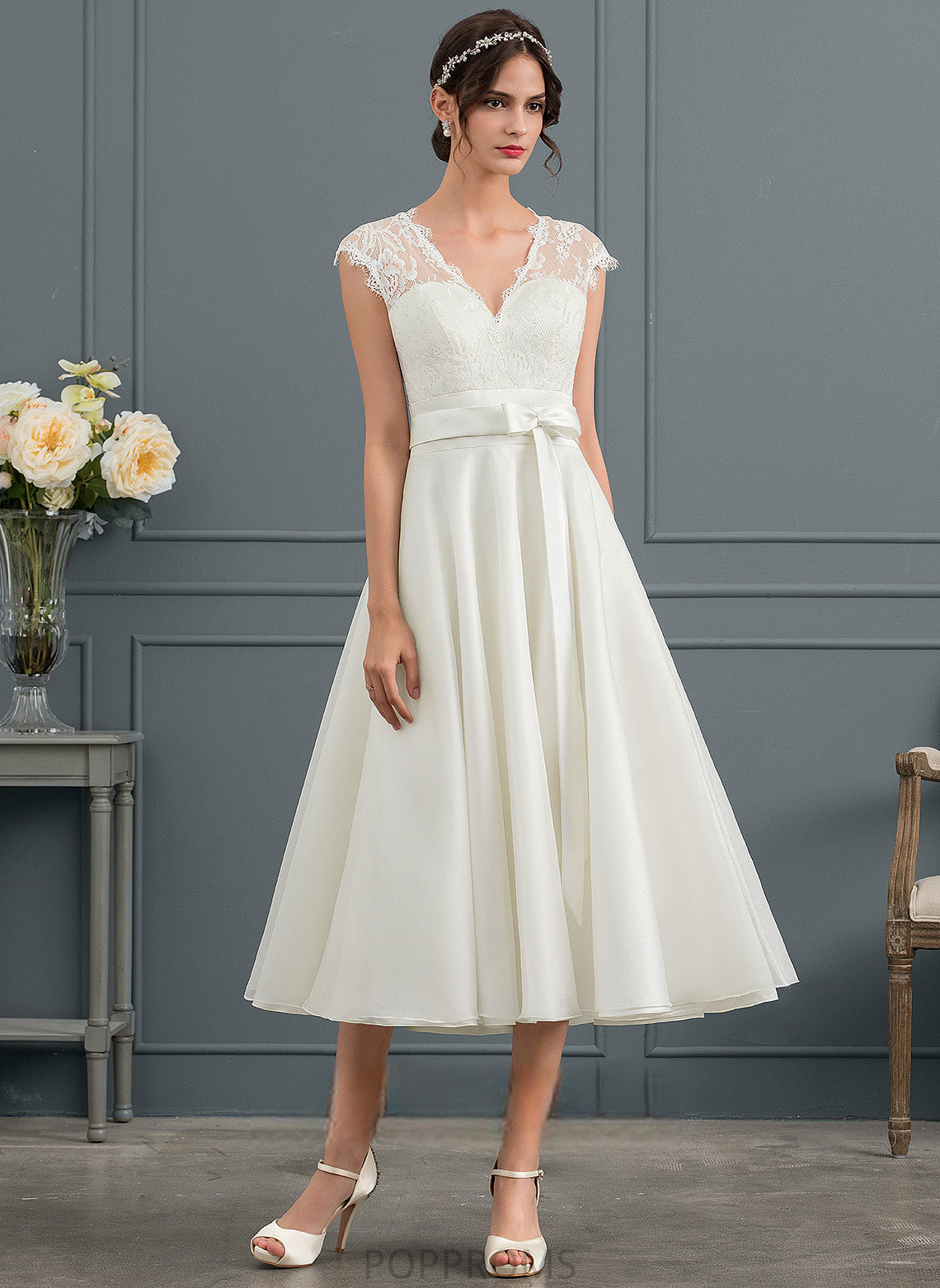 Dress Alyvia V-neck Wedding Satin Tea-Length Lace Wedding Dresses Bow(s) With A-Line