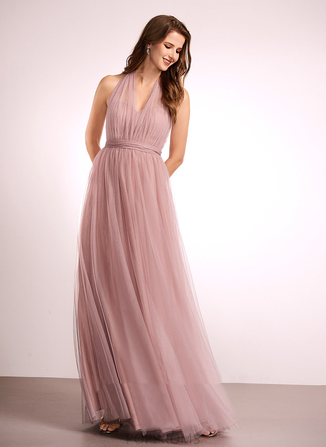 Floor-Length Tulle Neckline Off-the-Shoulder Fabric Length One-Shoulder Silhouette A-Line V-neck Straps Kristina Bridesmaid Dresses