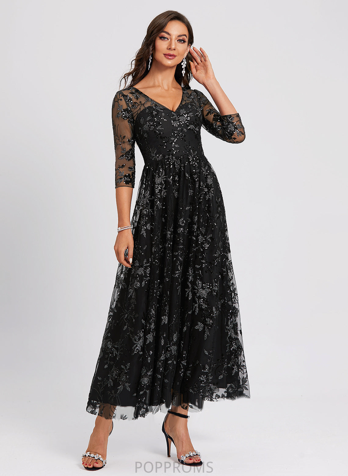 A-Line Cocktail Lace Livia Cocktail Dresses Ankle-Length Sequined V-neck Dress