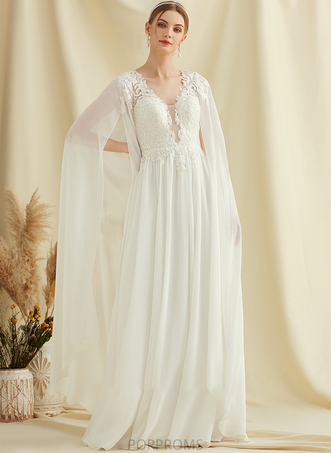 V-neck A-Line Sequins Wedding Lace Floor-Length With Mikayla Wedding Dresses Chiffon Dress