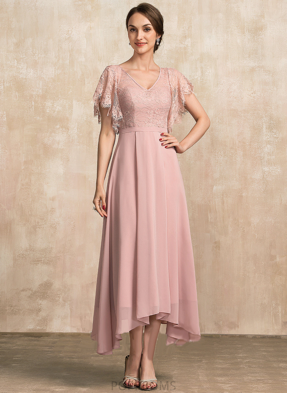 Val A-Line Ankle-Length V-neck Mother of the Bride Dresses Lace the of Mother Bride Dress Chiffon