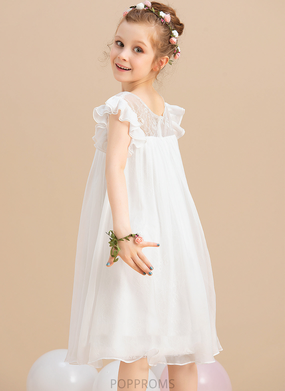 Girl Scoop Sleeves Dress Lace With Flower Girl Dresses Chiffon Flower A-Line Short - Neck Knee-length Bryanna