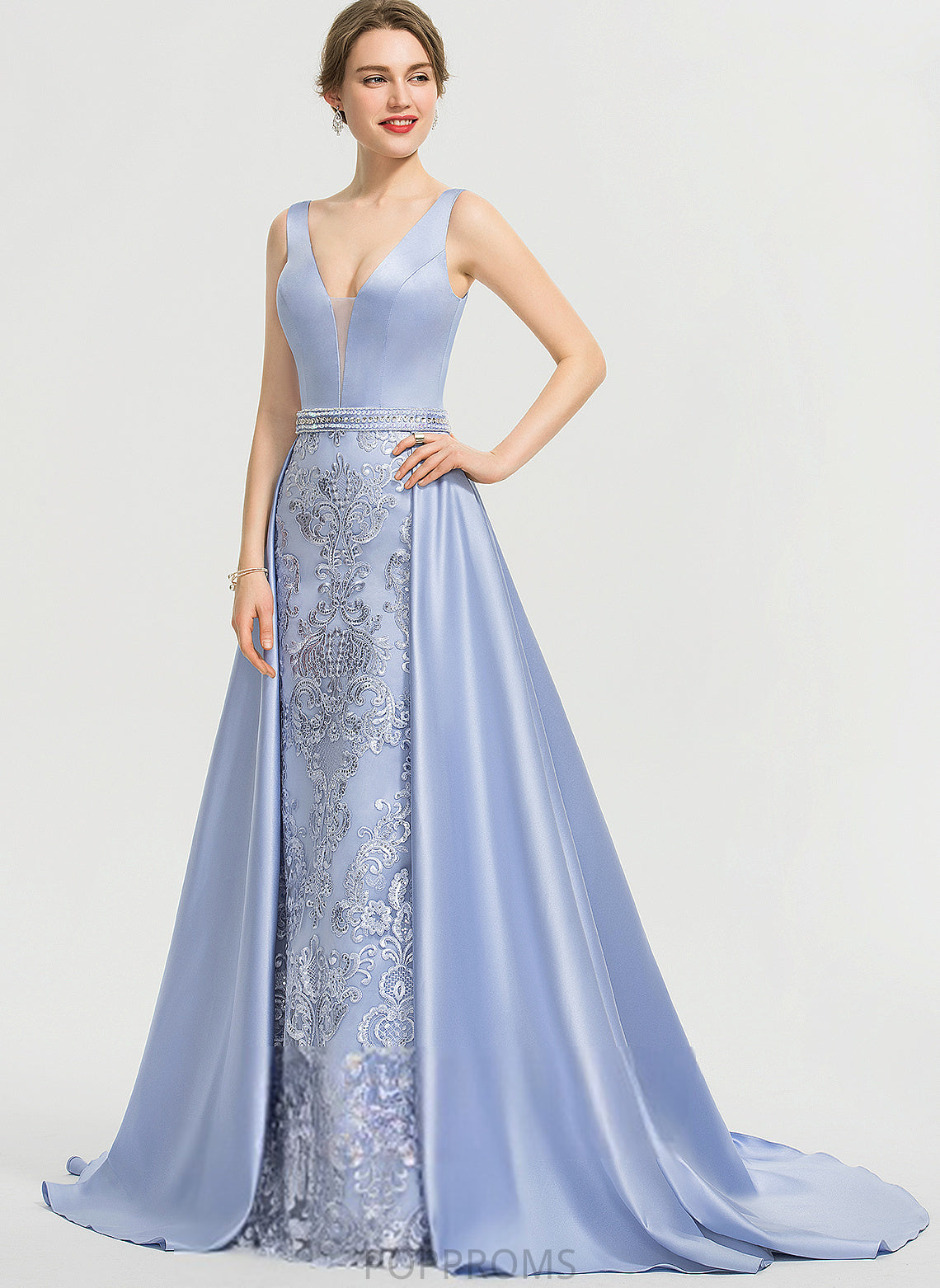 With Sweep Beading Satin Train Ball-Gown/Princess Reese Sequins V-neck Prom Dresses Lace