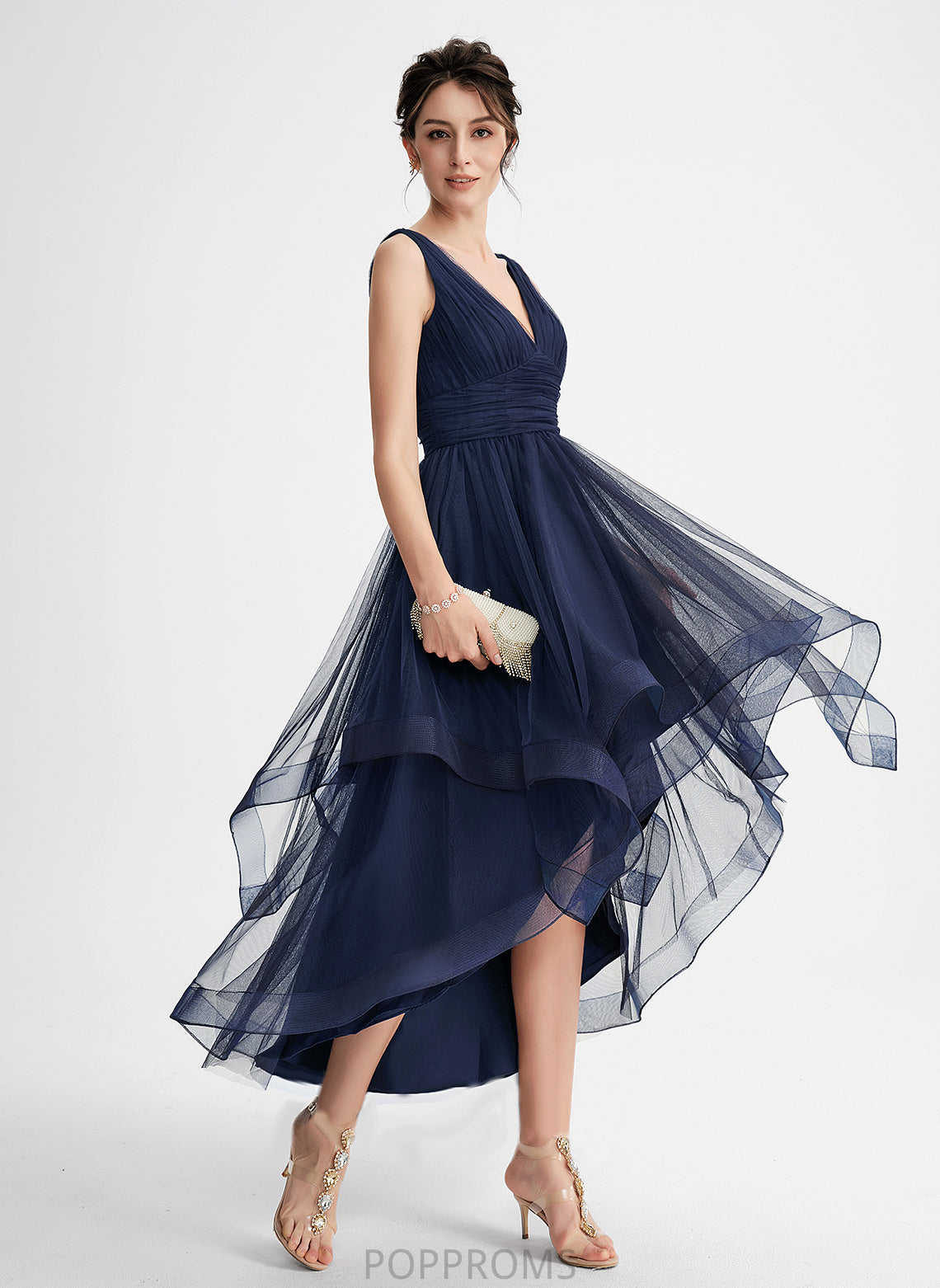 Tulle Cascading Ruffles Pleated Cocktail V-neck Cocktail Dresses A-Line With Asymmetrical Dress Arely