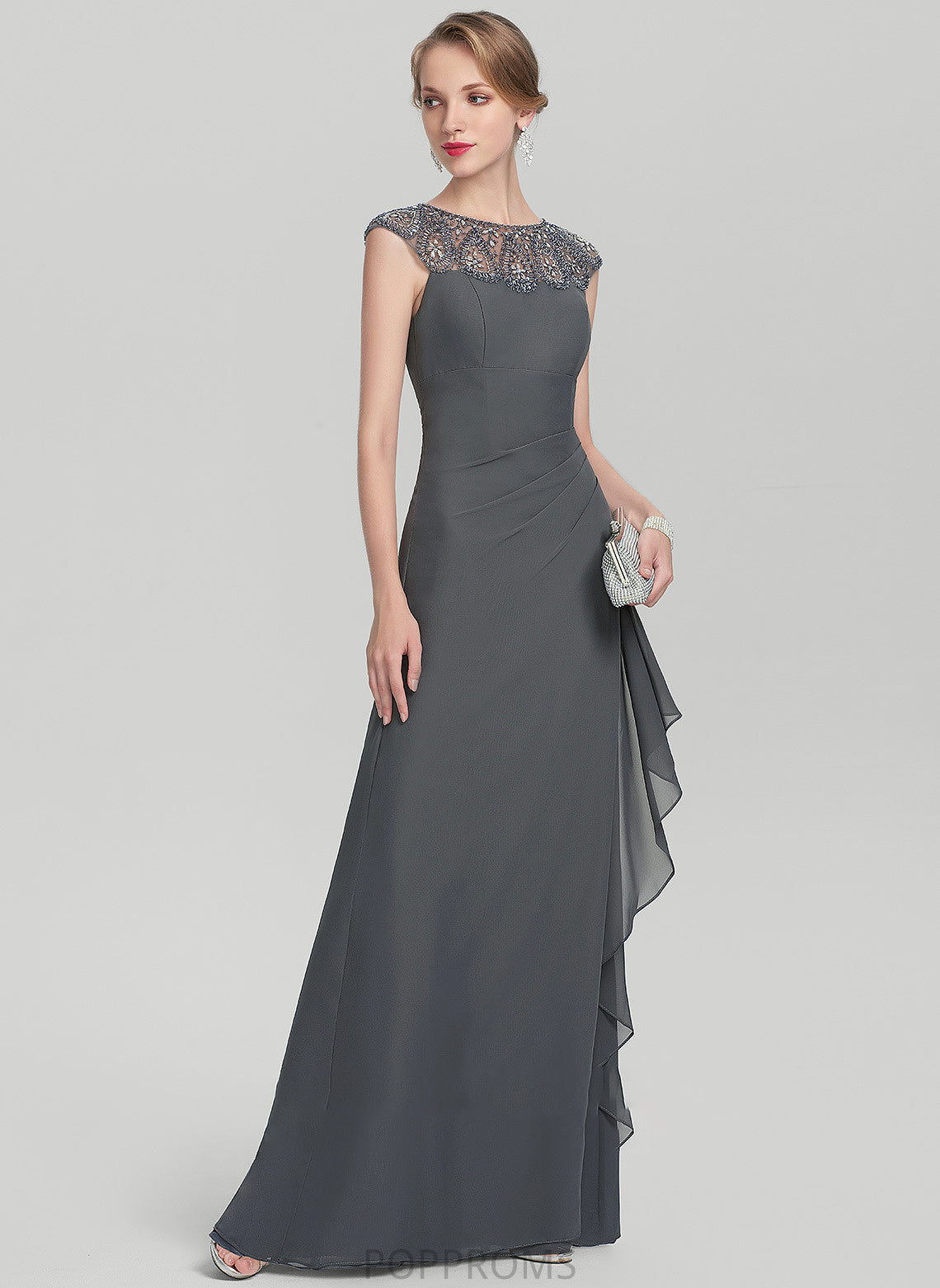 Mother Mother of the Bride Dresses Bride Sequins With Chiffon Scoop Cascading Neck Beading A-Line Ruffles of Floor-Length the Greta Dress