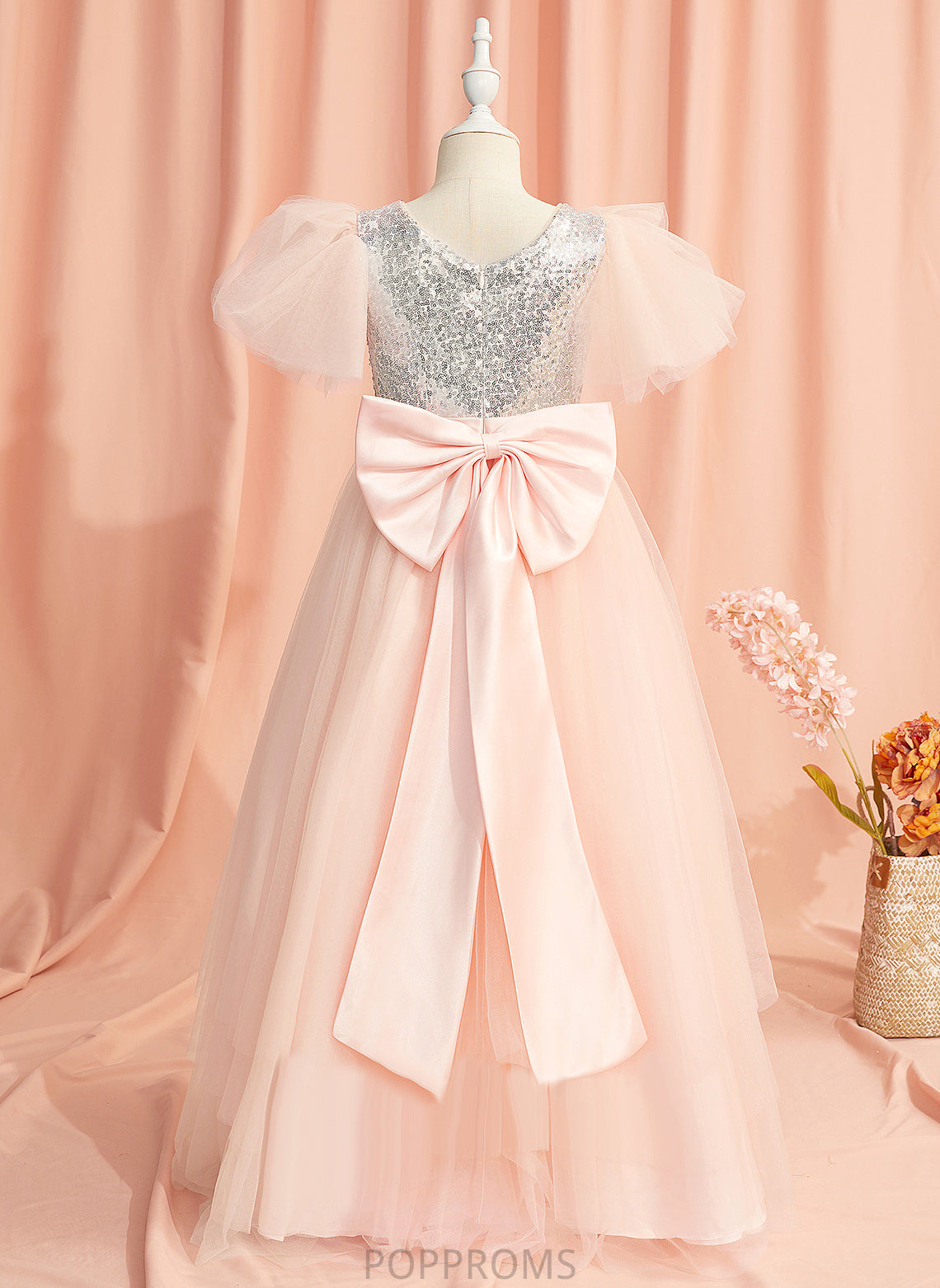 Ball-Gown/Princess With Tulle/Sequined Scoop Flower Sleeves Floor-length Neck Dress - Girl Beading/Sequins/Bow(s) Flower Girl Dresses Short Harmony