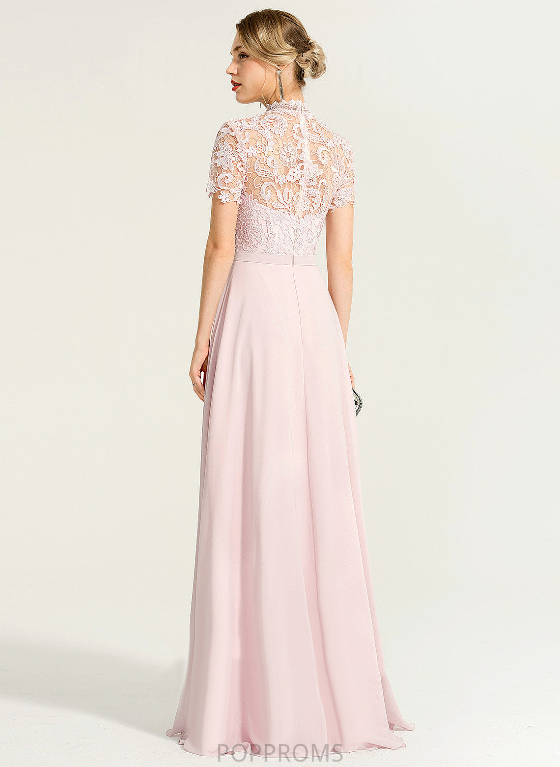 Floor-Length Nola Chiffon A-Line High With Lace Neck Sequins Prom Dresses