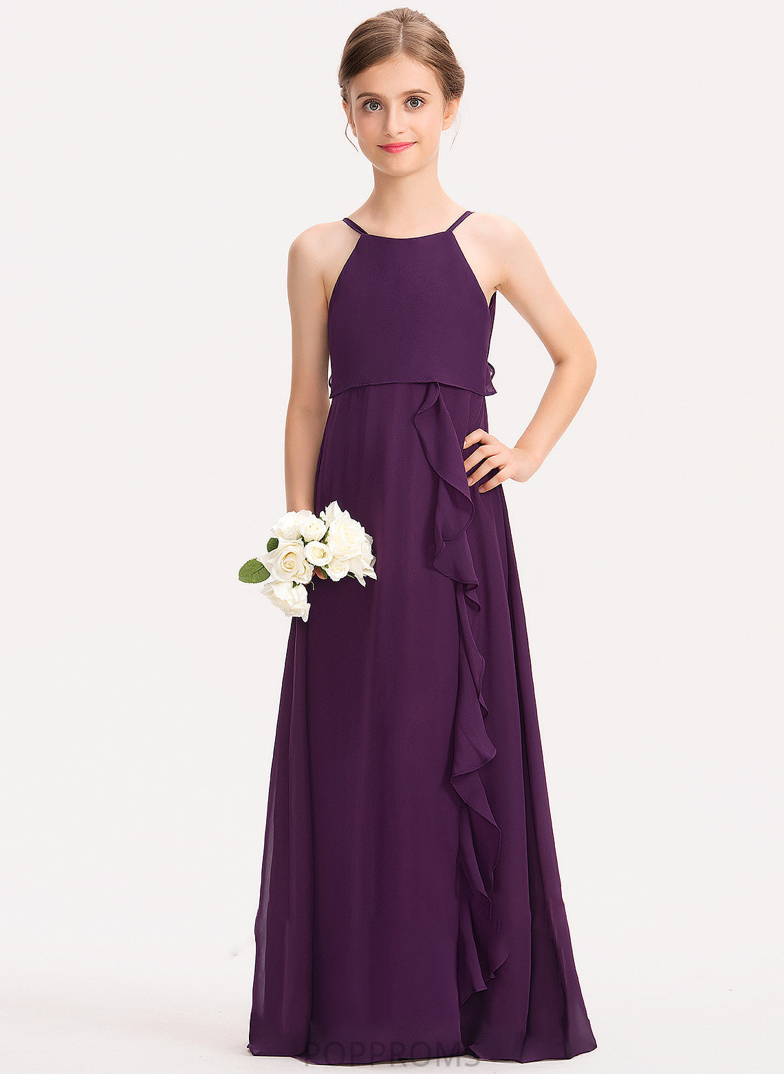 With Junior Bridesmaid Dresses Ruffles Nancy Chiffon Scoop Bow(s) A-Line Neck Floor-Length Cascading