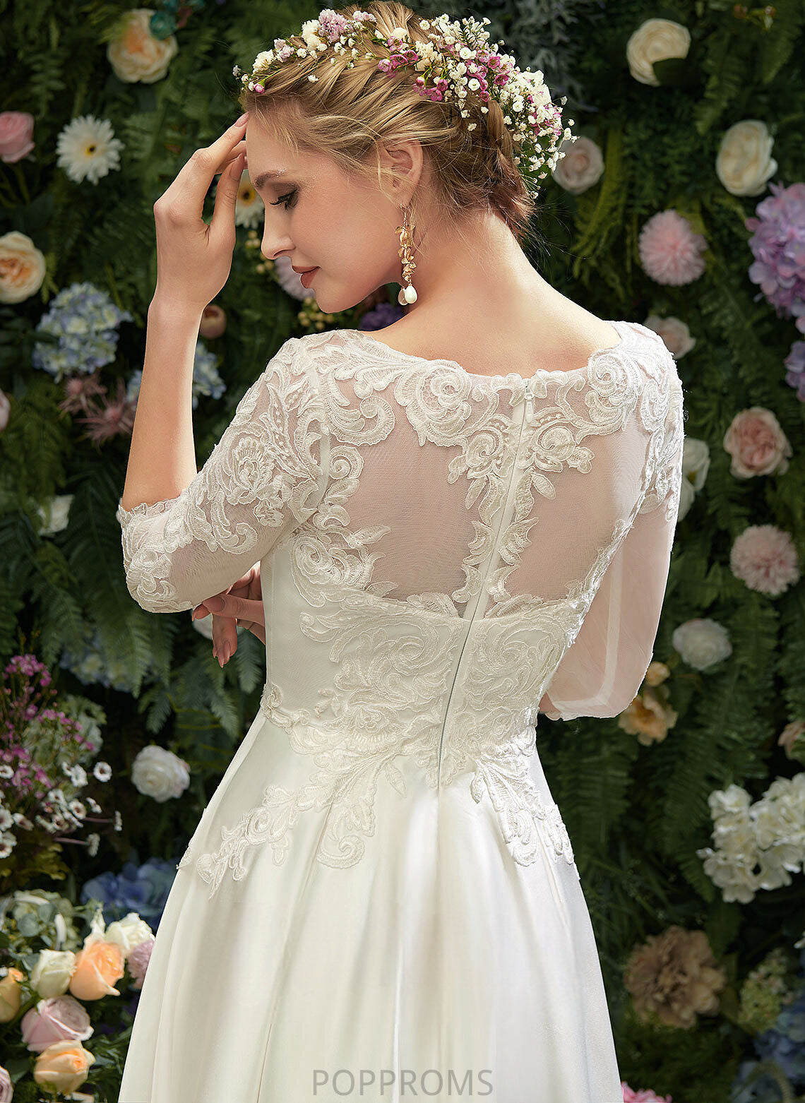 A-Line Wedding Maud Lace Wedding Dresses Tea-Length Illusion Satin Dress