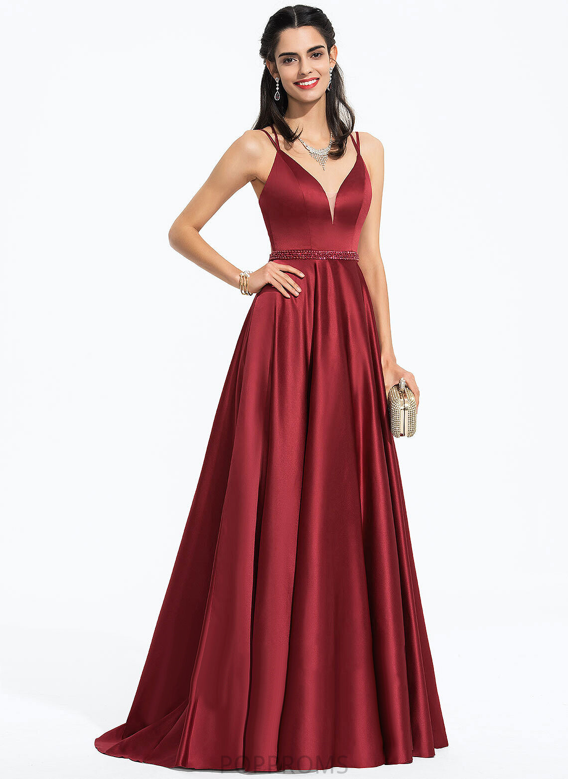 With A-Line Prom Dresses Train V-neck Sarahi Satin Sequins Beading Sweep