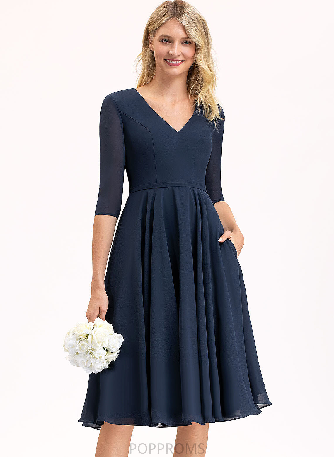 Knee-Length Chiffon A-Line Pockets Londyn Cocktail V-neck Dress With Cocktail Dresses