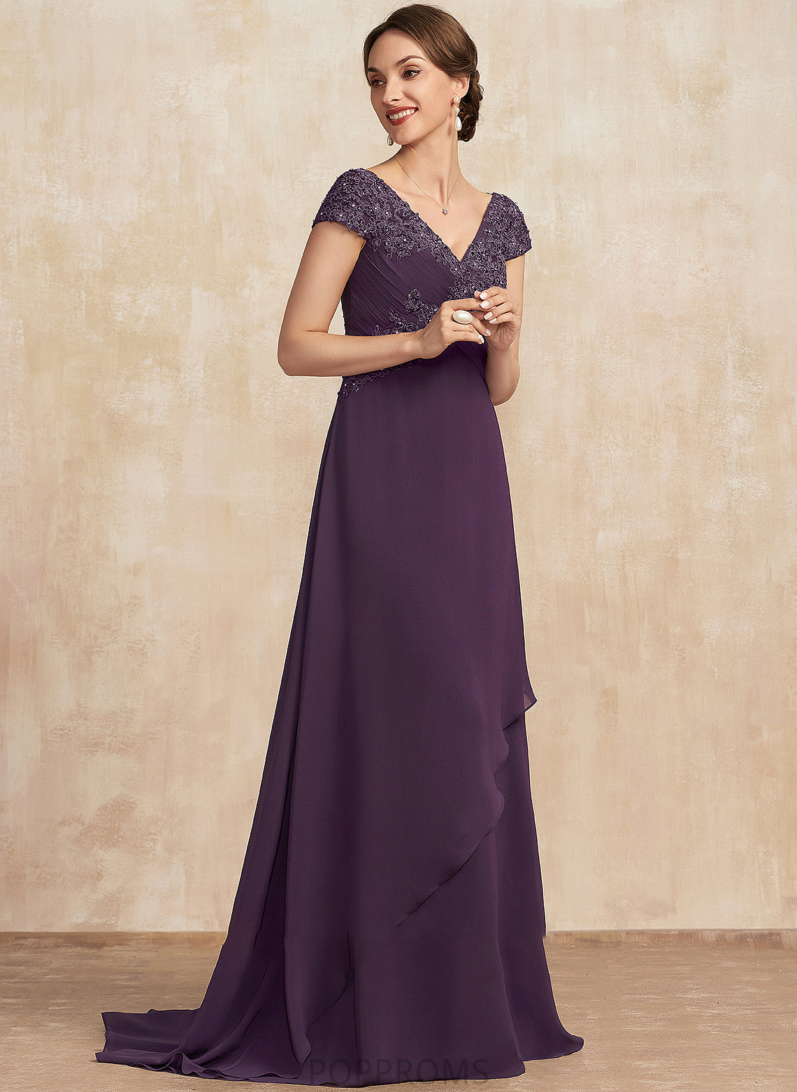 Sweep With Beading V-neck Bride Chiffon Train A-Line Mother of Ruffle the Mother of the Bride Dresses Dress Emma Lace