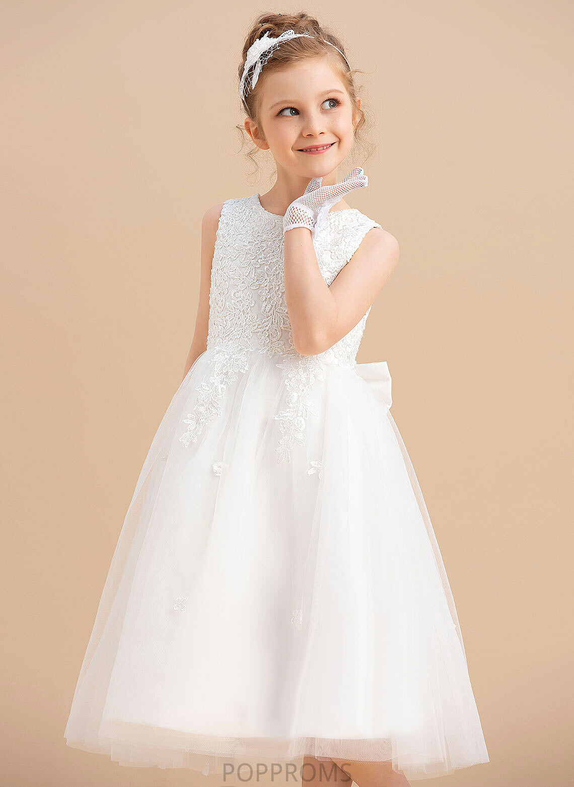 Girl Scoop Tea-length Bow(s) Neck Sleeveless A-Line Eva Satin/Tulle - With Flower Flower Girl Dresses Dress