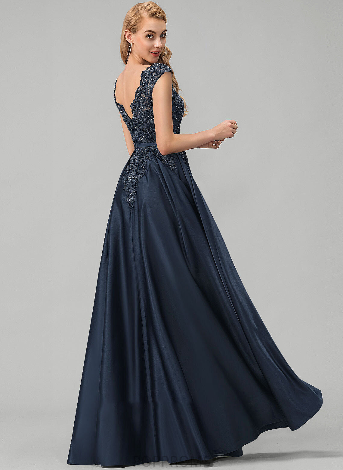 Floor-Length Kyleigh Lace Sequins Beading With Pockets Neck Satin Bow(s) Scoop Ball-Gown/Princess Prom Dresses