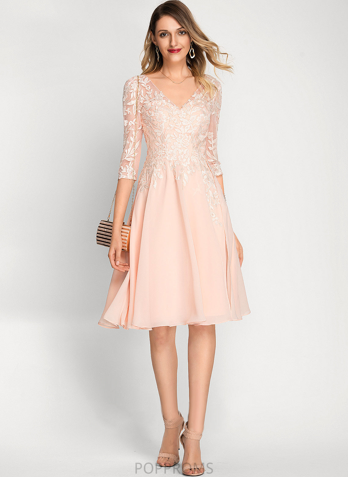 Mina Chiffon Dress With Cocktail Knee-Length V-neck Sequins Cocktail Dresses Lace A-Line