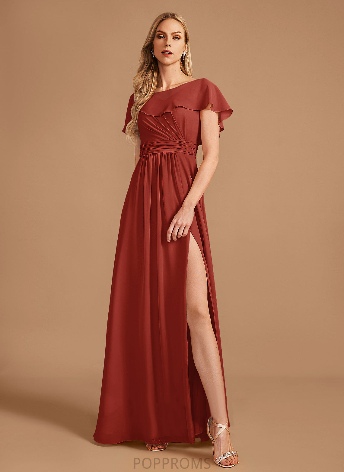 A-Line HighNeck Silhouette Neckline SplitFront Floor-Length Ruffle Fabric Embellishment Length Sherry Floor Length Bridesmaid Dresses