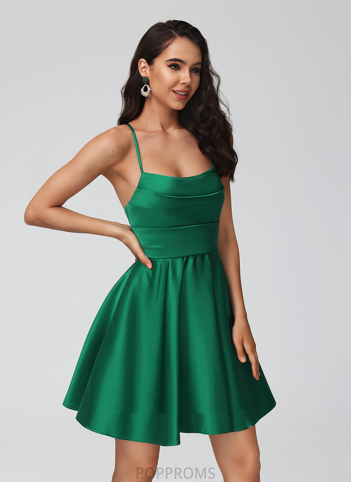 A-Line Pleated Short/Mini Cowl Dress Satin Homecoming Jimena Neck Homecoming Dresses With