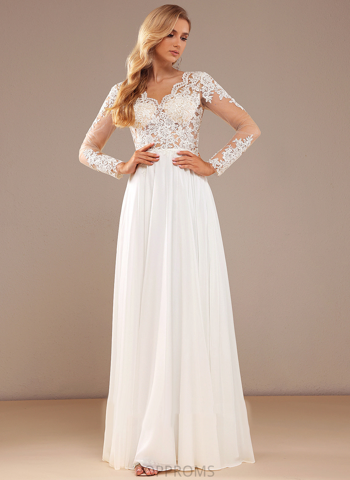 Floor-Length A-Line Sequins Lace Cheyanne V-neck Dress Wedding Dresses Lace Wedding With Chiffon