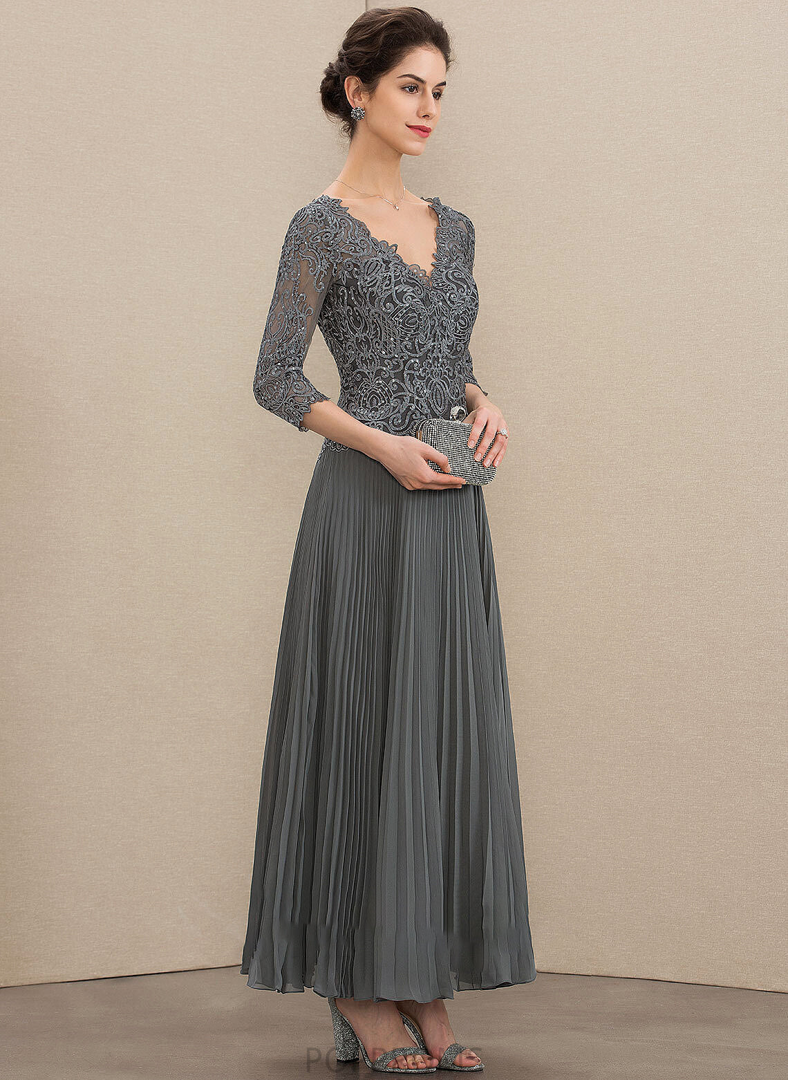 Dress Bride Sequins Mother A-Line Mother of the Bride Dresses Pleated of Chiffon Ankle-Length With Lace V-neck Ashlyn the