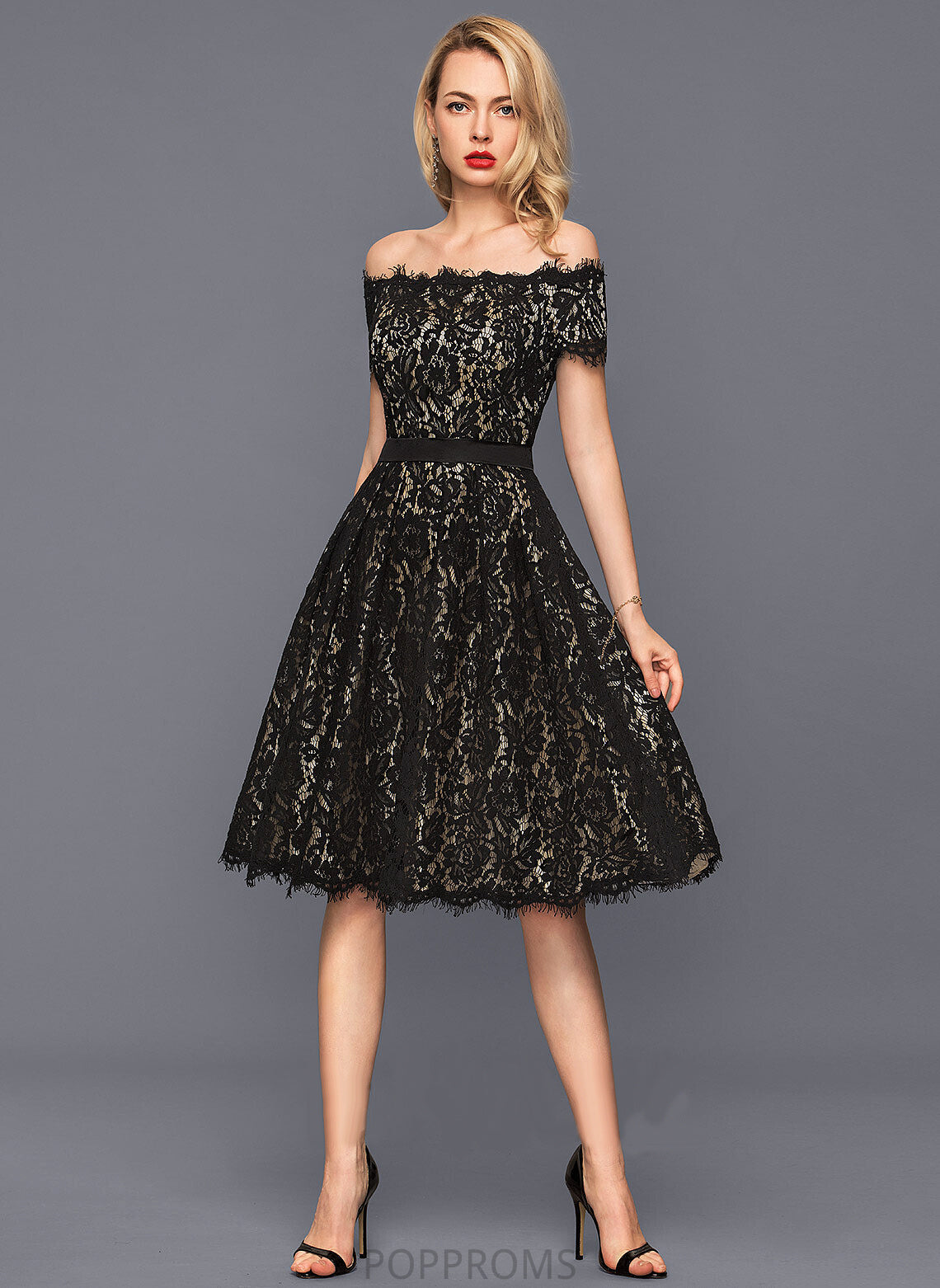 Off-the-Shoulder Charmeuse Liberty Cocktail Lace Knee-Length Cocktail Dresses A-Line Dress