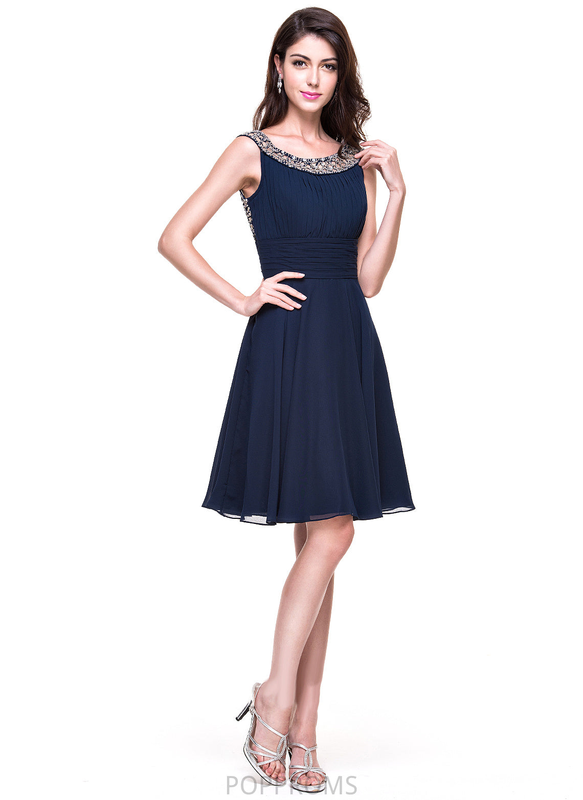 Adrienne Dress Beading Knee-Length A-Line Neck Chiffon Scoop Ruffle Cocktail Dresses With Cocktail