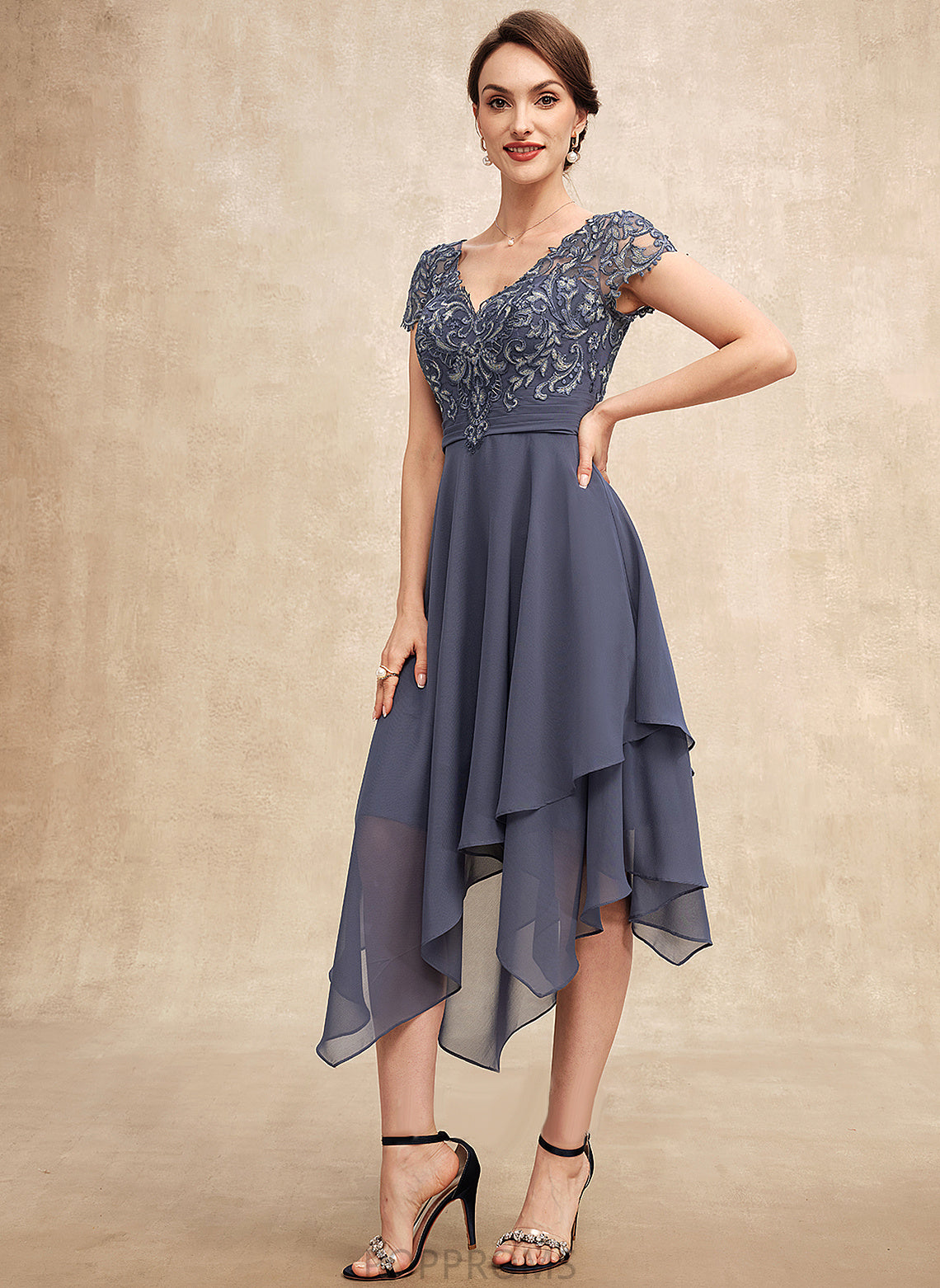 V-neck Ruffle the Dress of Asymmetrical With Chiffon A-Line Elisa Mother Bride Lace Mother of the Bride Dresses