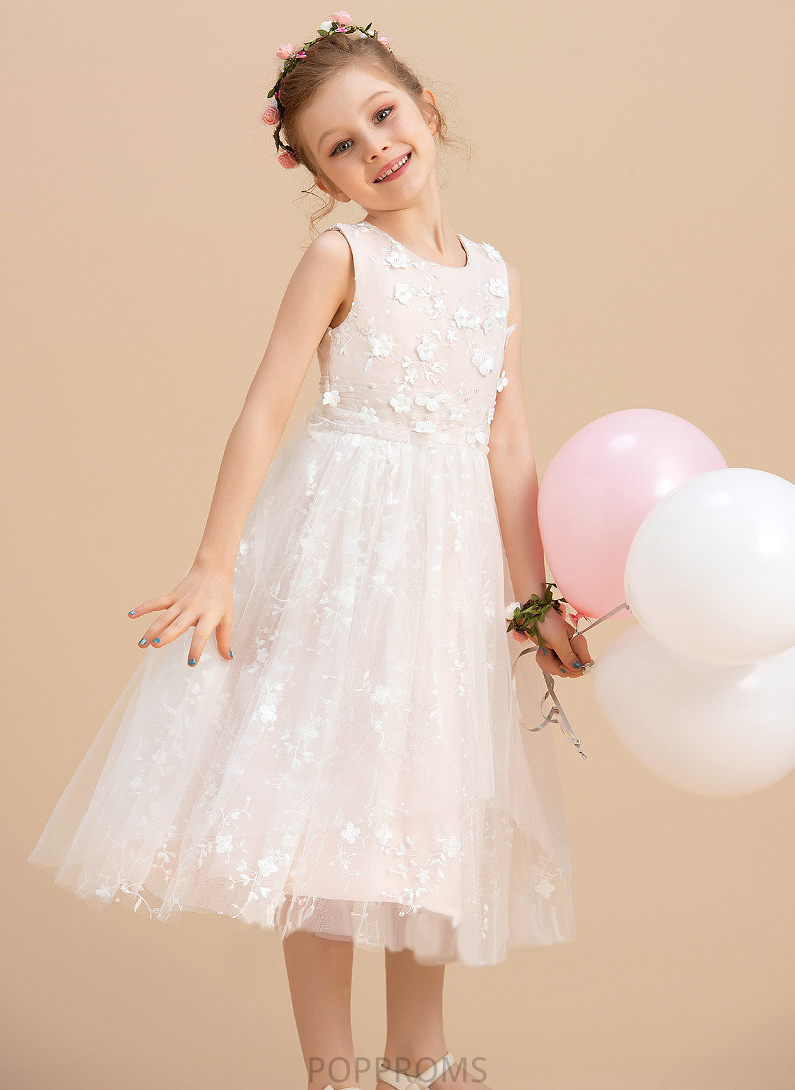 Neck Tea-length Beading/Flower(s) Sleeveless With Tulle/Lace Girl Flower Scoop Dress Lesly Flower Girl Dresses A-Line -