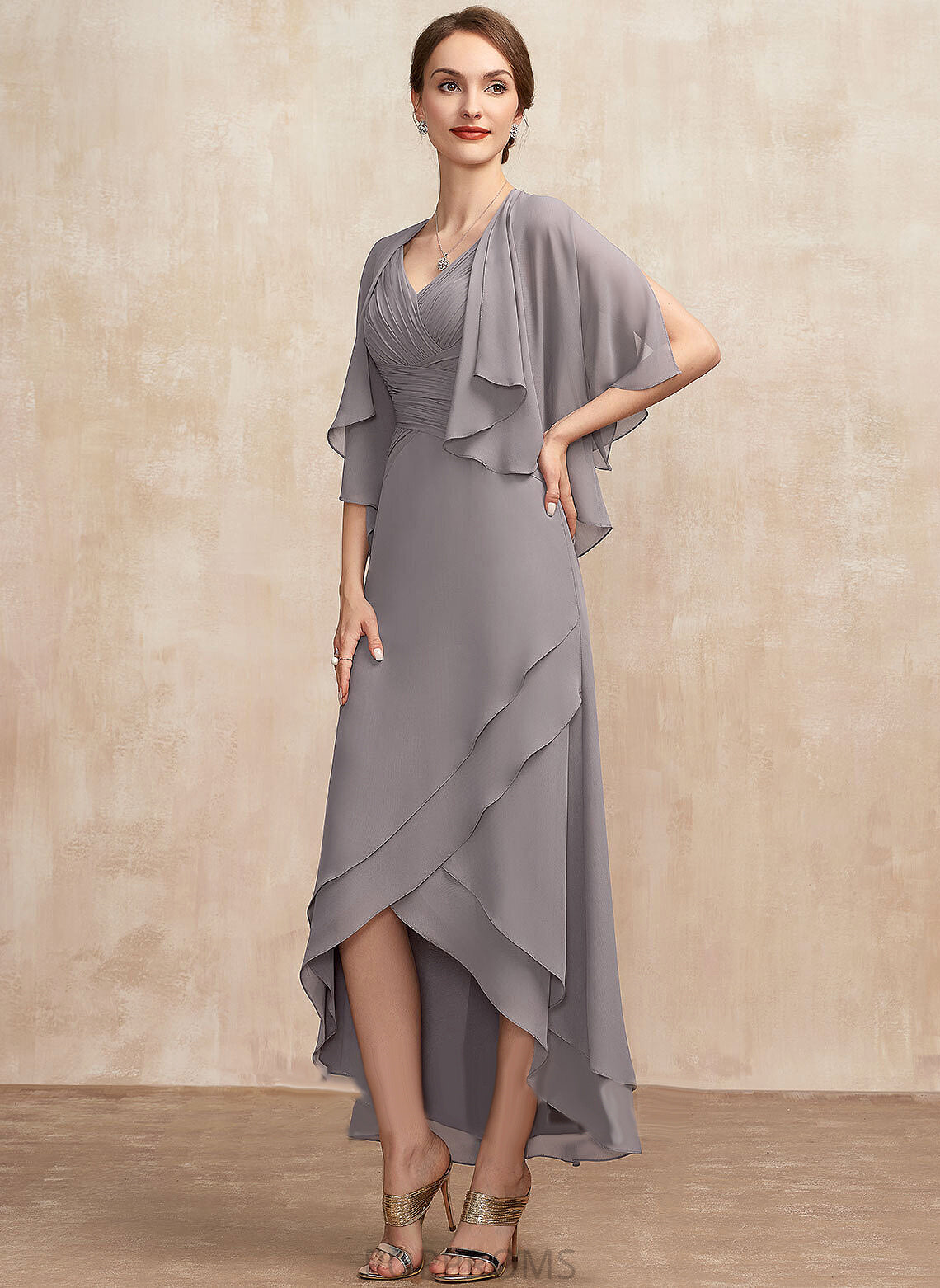 Chiffon Bride Mother of the Bride Dresses A-Line Ruffle Sandy the Dress V-neck of With Mother Asymmetrical