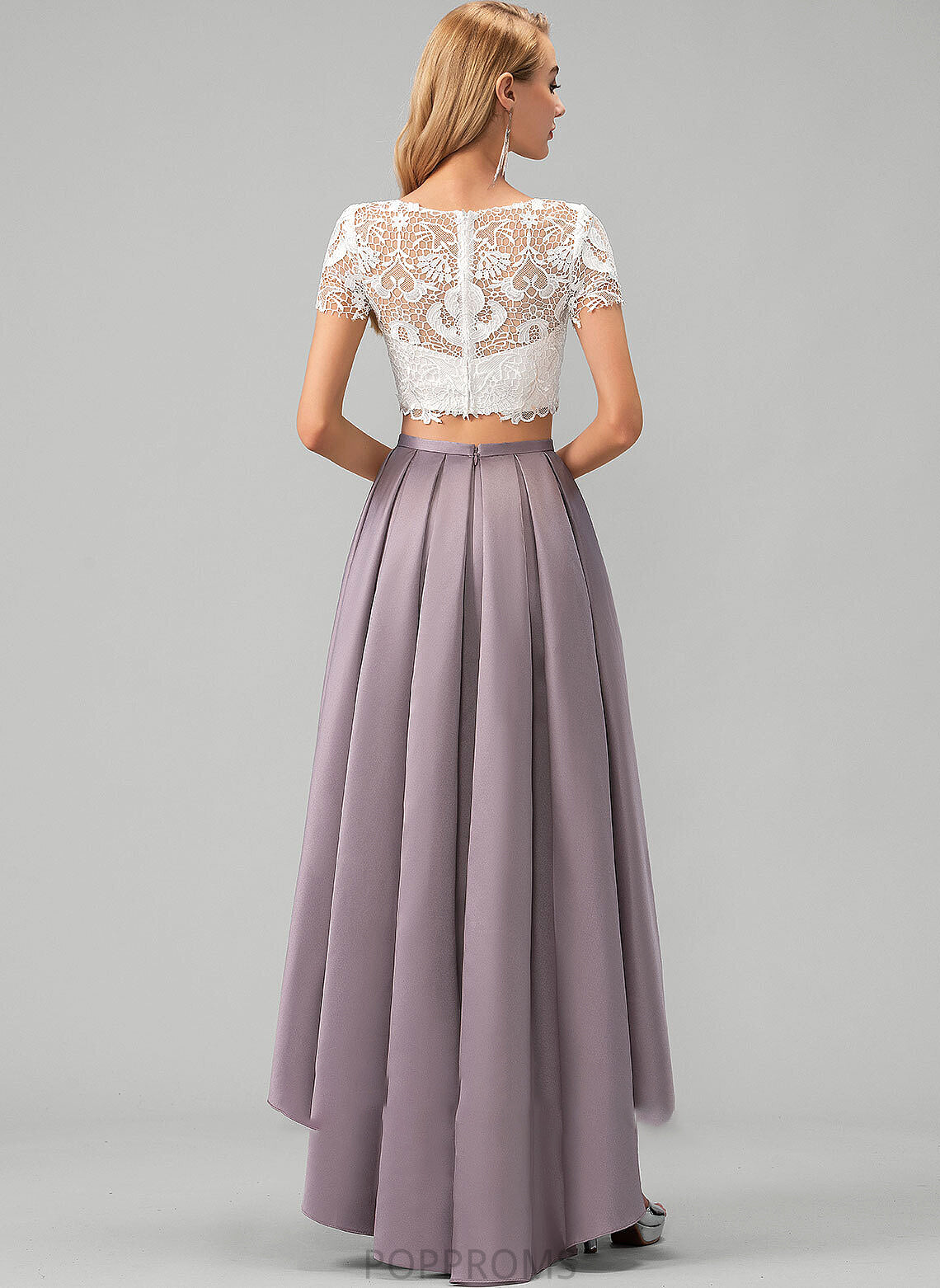 Asymmetrical Satin Scoop Pockets Alula A-Line Prom Dresses With Lace Neck