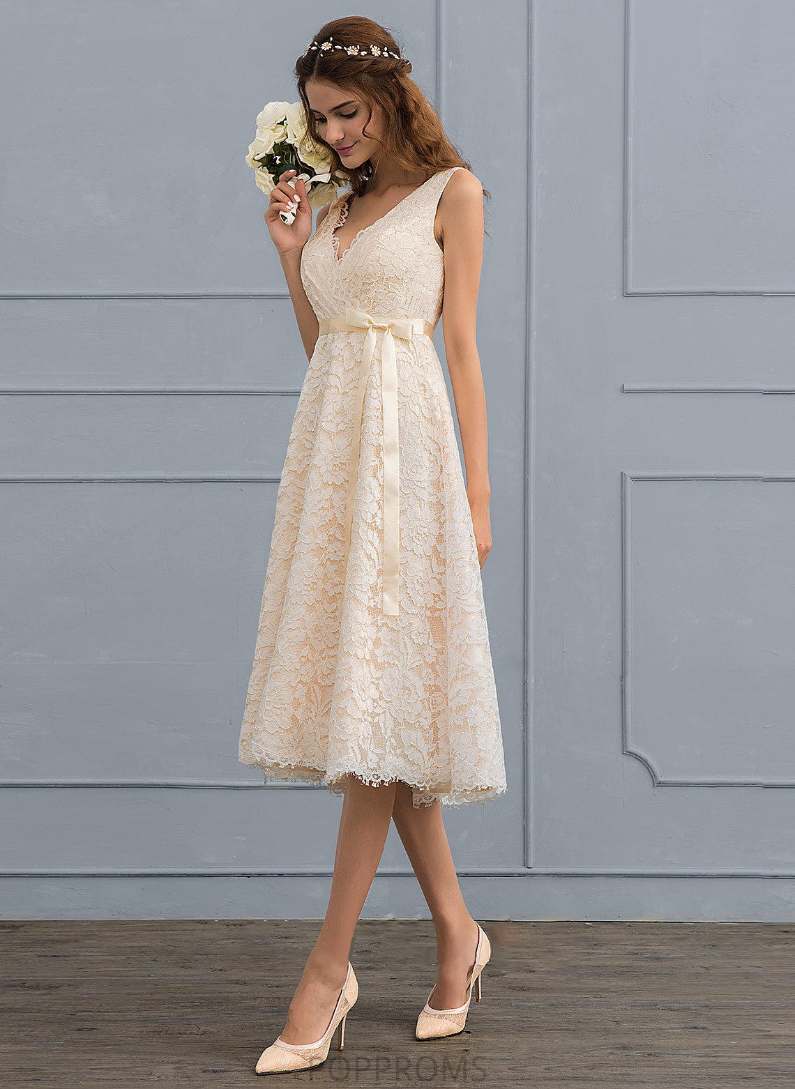 Bow(s) With Wedding Emmy V-neck Wedding Dresses Dress Lace A-Line Knee-Length