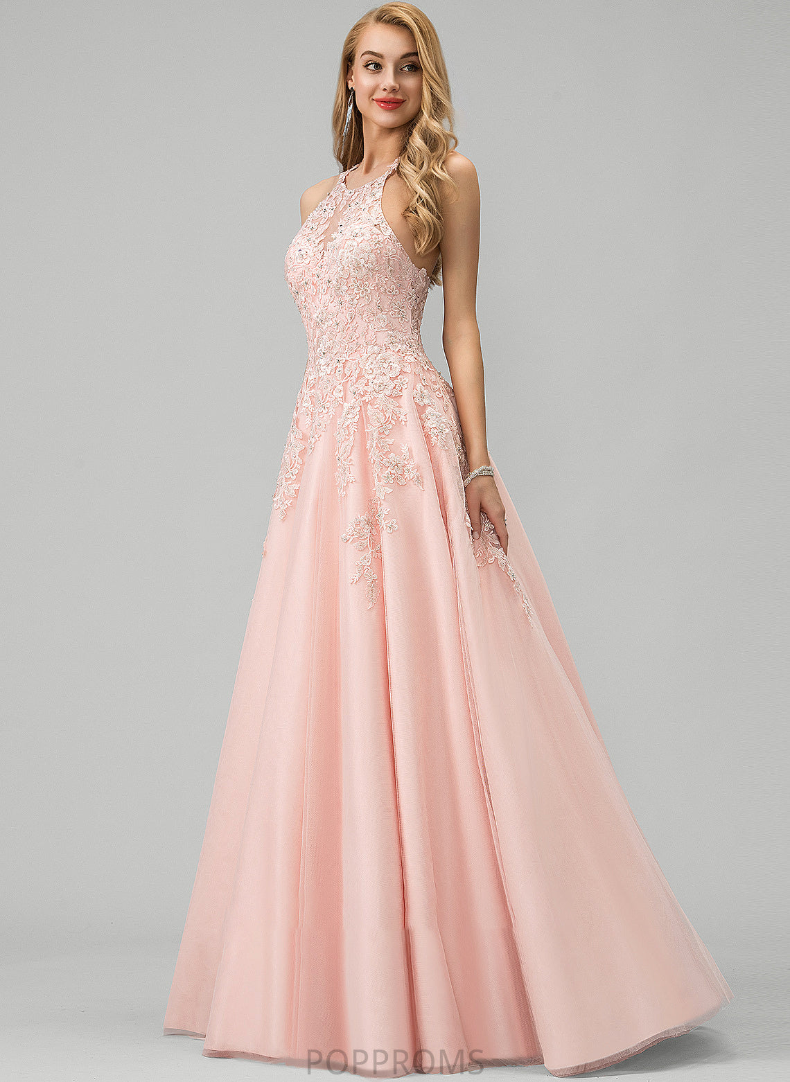 Scoop Tulle Angela Neck Floor-Length Ball-Gown/Princess Lace Sequins Prom Dresses With Beading