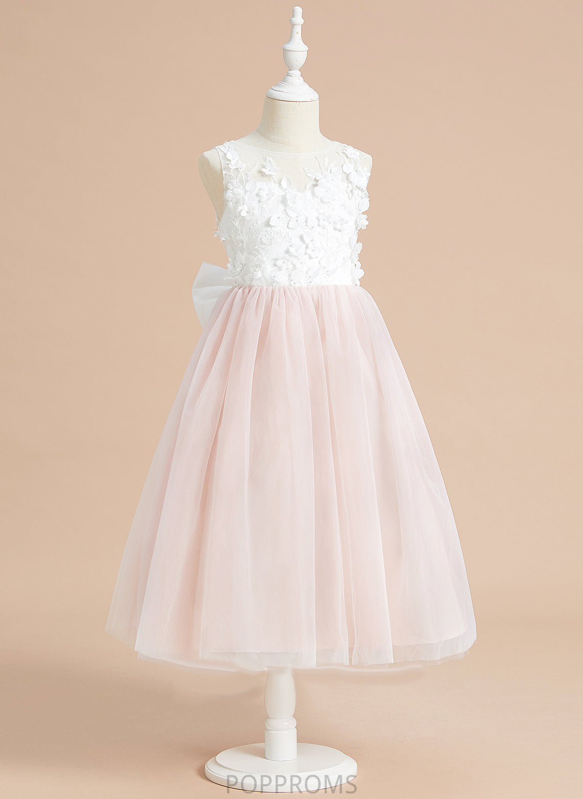 A-Line Nyla Lace/Flower(s)/Bow(s) Scoop Sleeveless Tulle Girl - Neck Dress With Flower Girl Dresses Tea-length Flower