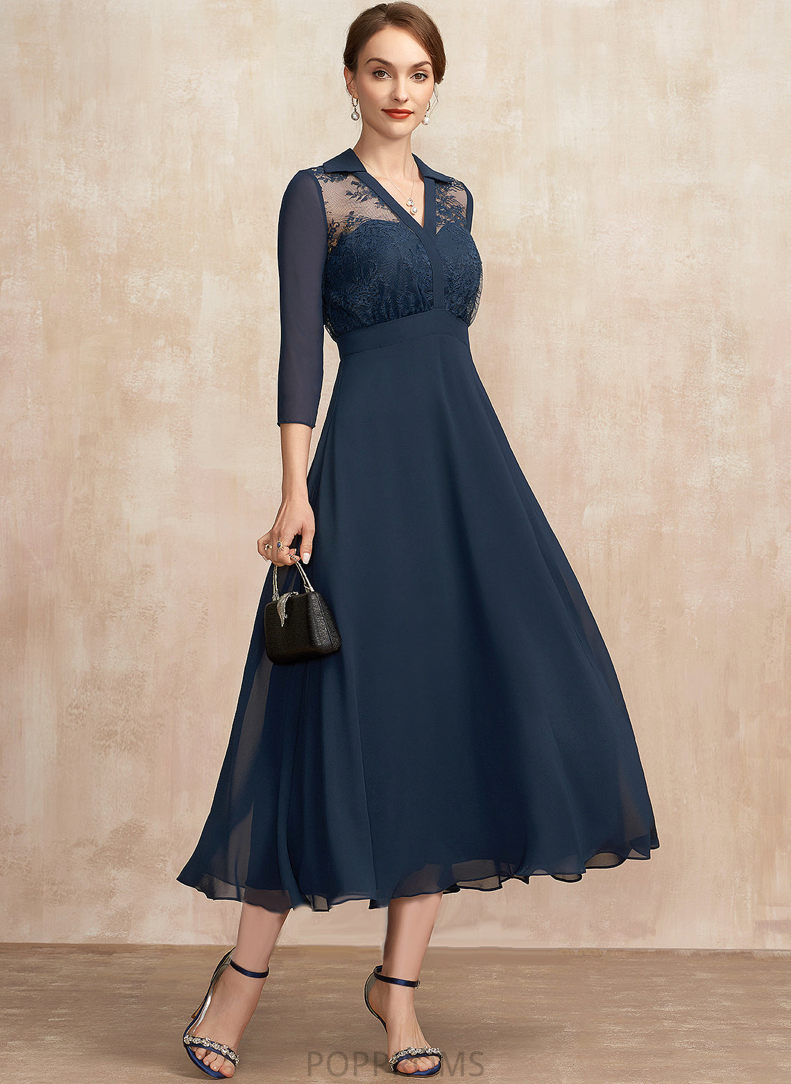 A-Line Cocktail Camila Dress Lace Tea-Length Chiffon Cocktail Dresses V-neck