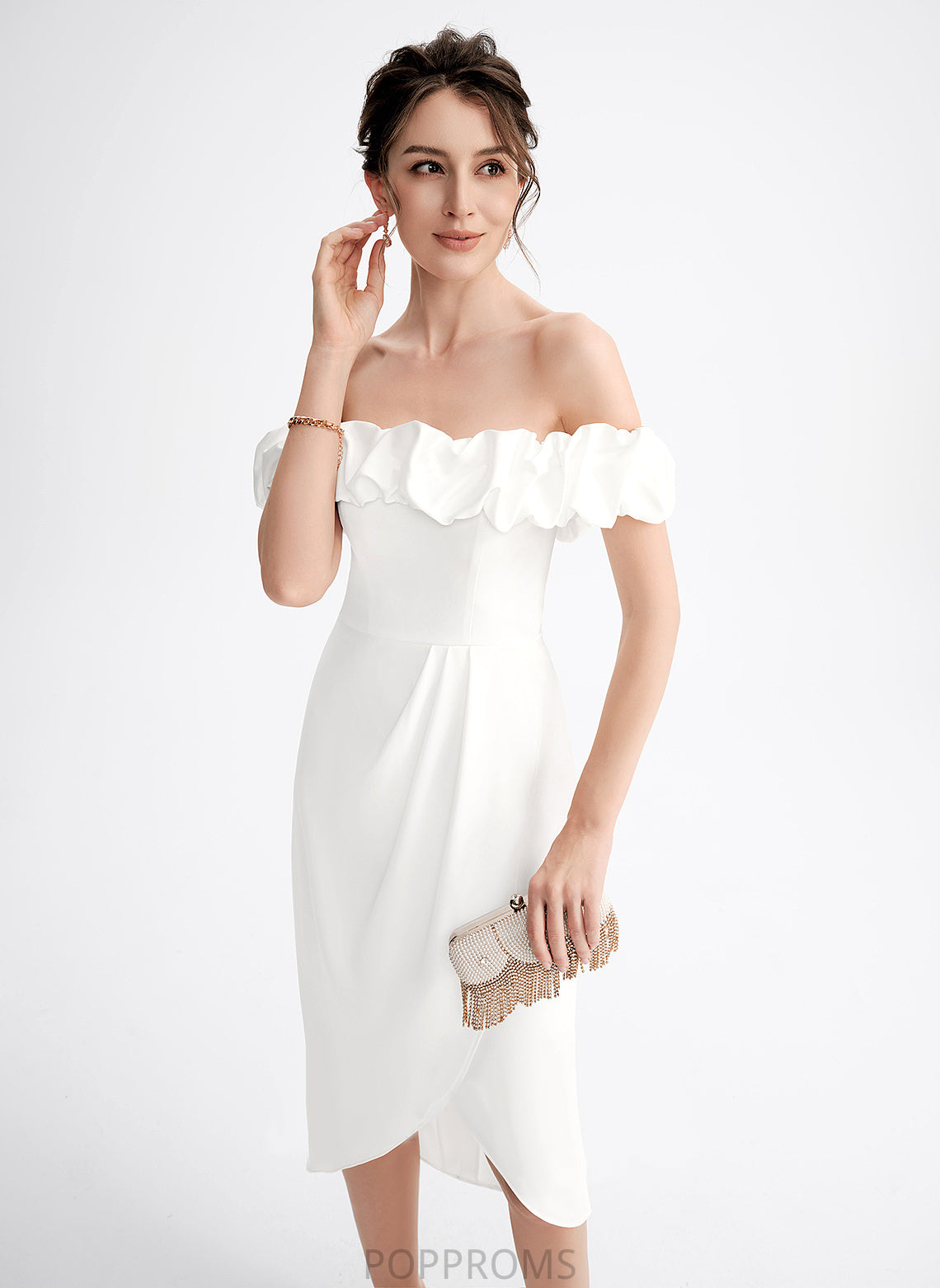 With Stretch Off-the-Shoulder Mariela Asymmetrical Dress Cocktail Crepe Cocktail Dresses Ruffle