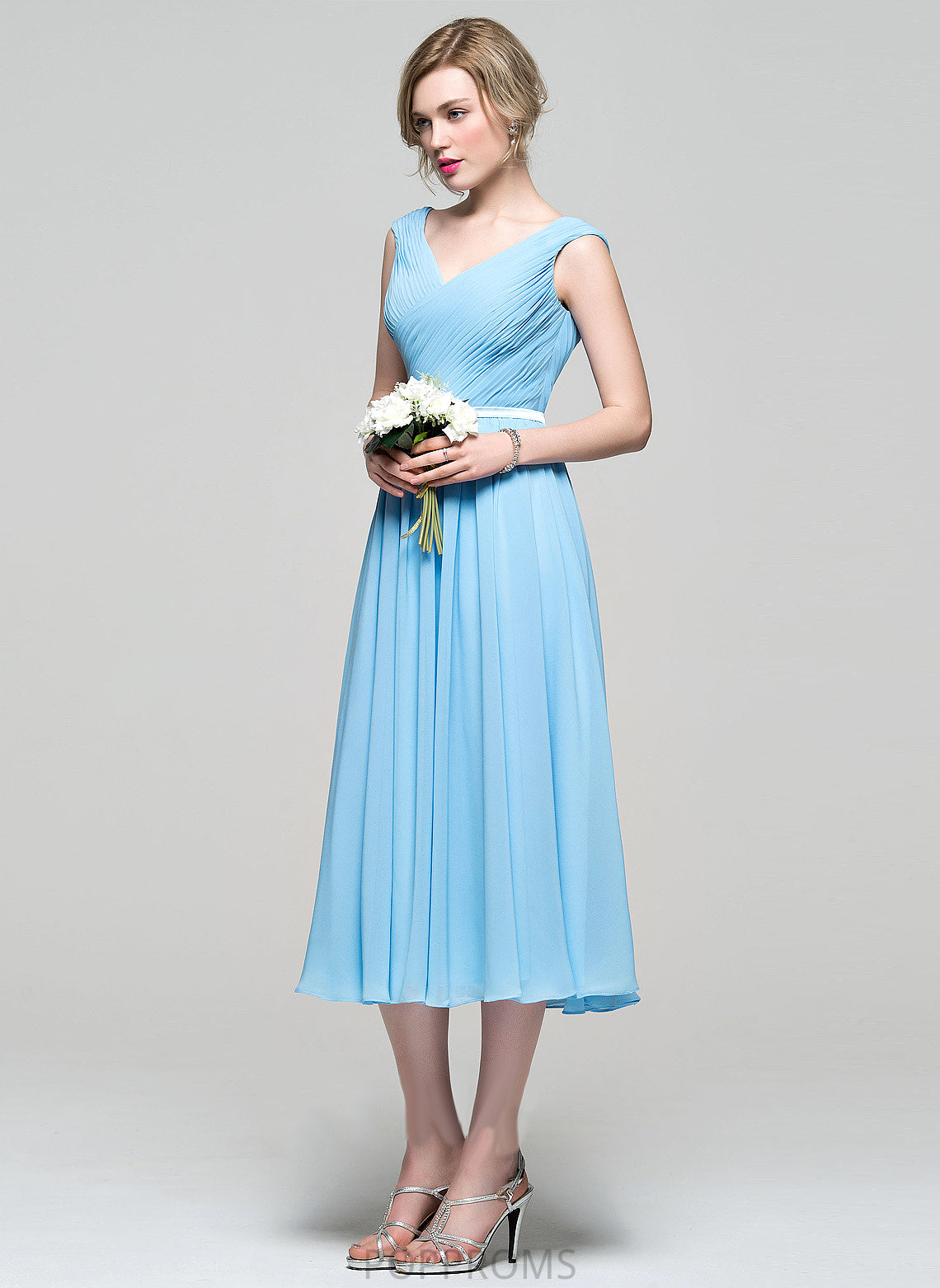 Chiffon Ruffle Cocktail Dresses Cocktail Jordin With A-Line Charmeuse V-neck Tea-Length Dress