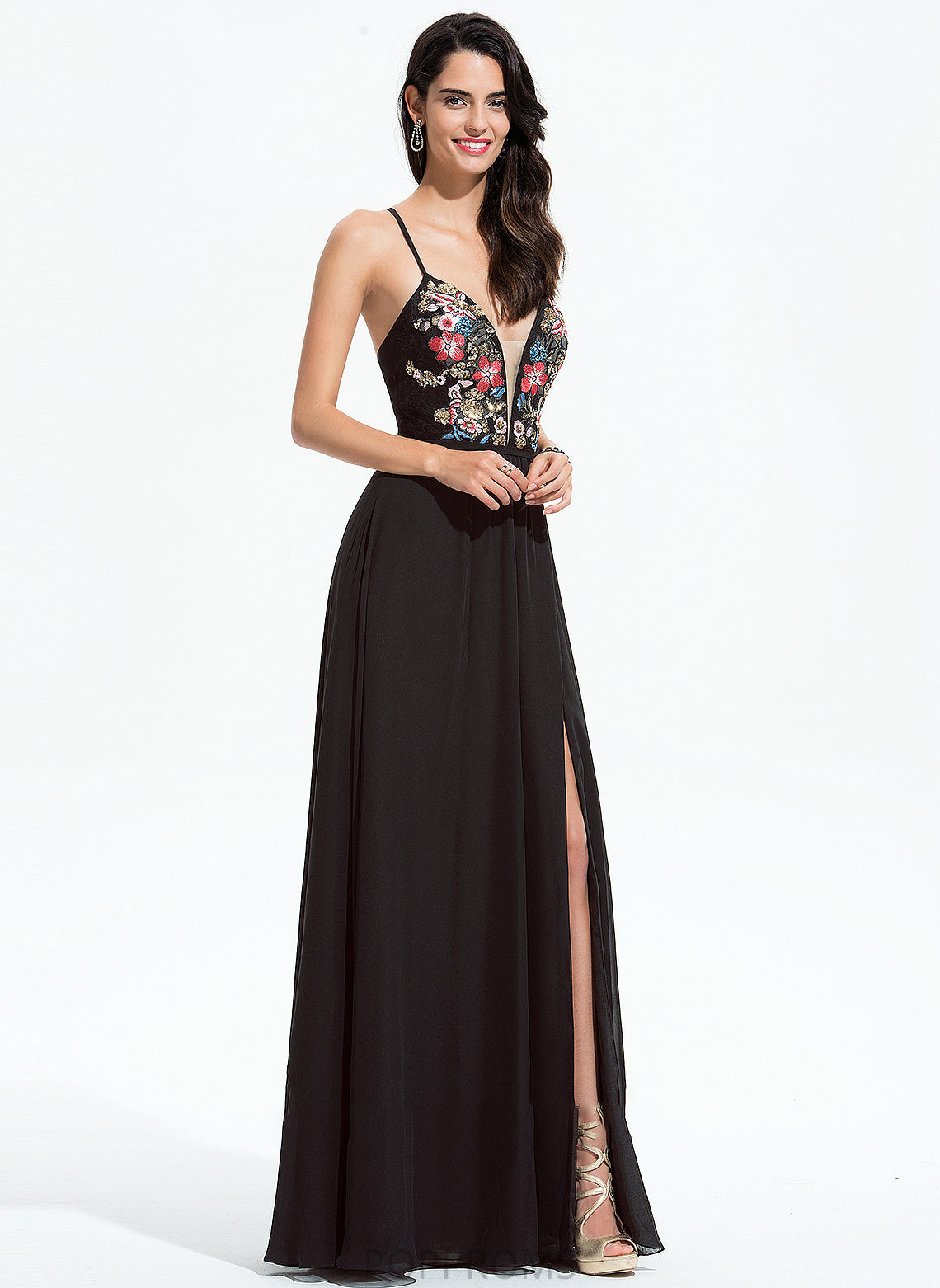 Chiffon Lace Sequins With Floor-Length Prom Dresses Cecelia A-Line V-neck