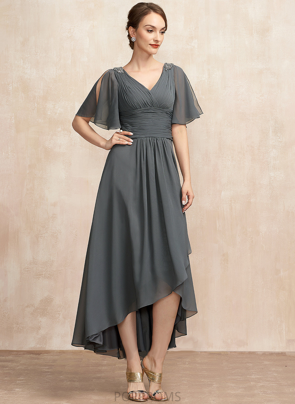 Beading Mother of the Bride Dresses Chiffon Annabel Asymmetrical Dress Mother A-Line Ruffle the With of V-neck Bride