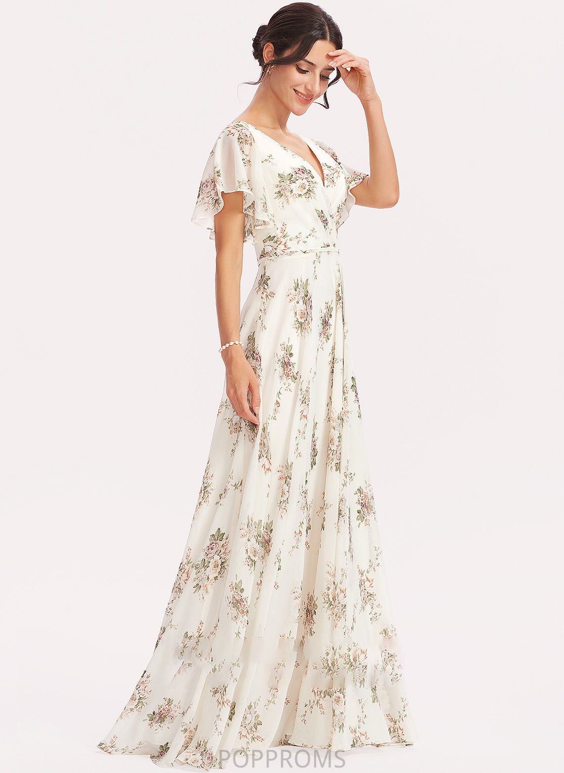 V-neck SplitFront Length Floor-Length A-Line Silhouette Flower(s) Fabric Neckline Embellishment Kaiya Sleeveless Bridesmaid Dresses